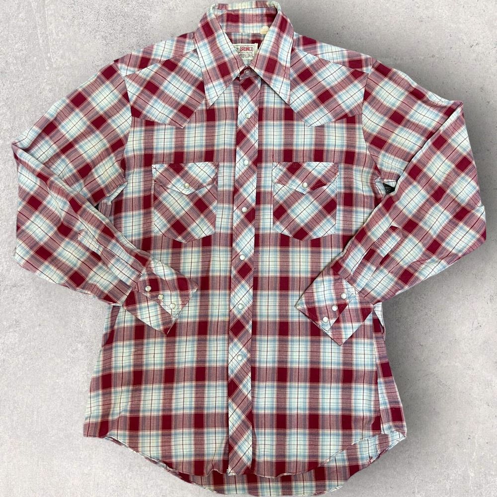 Vtg 70s Bronco Western Mens Fits Medium‎ Red Plaid Pearl Snap - Picture 2 of 9
